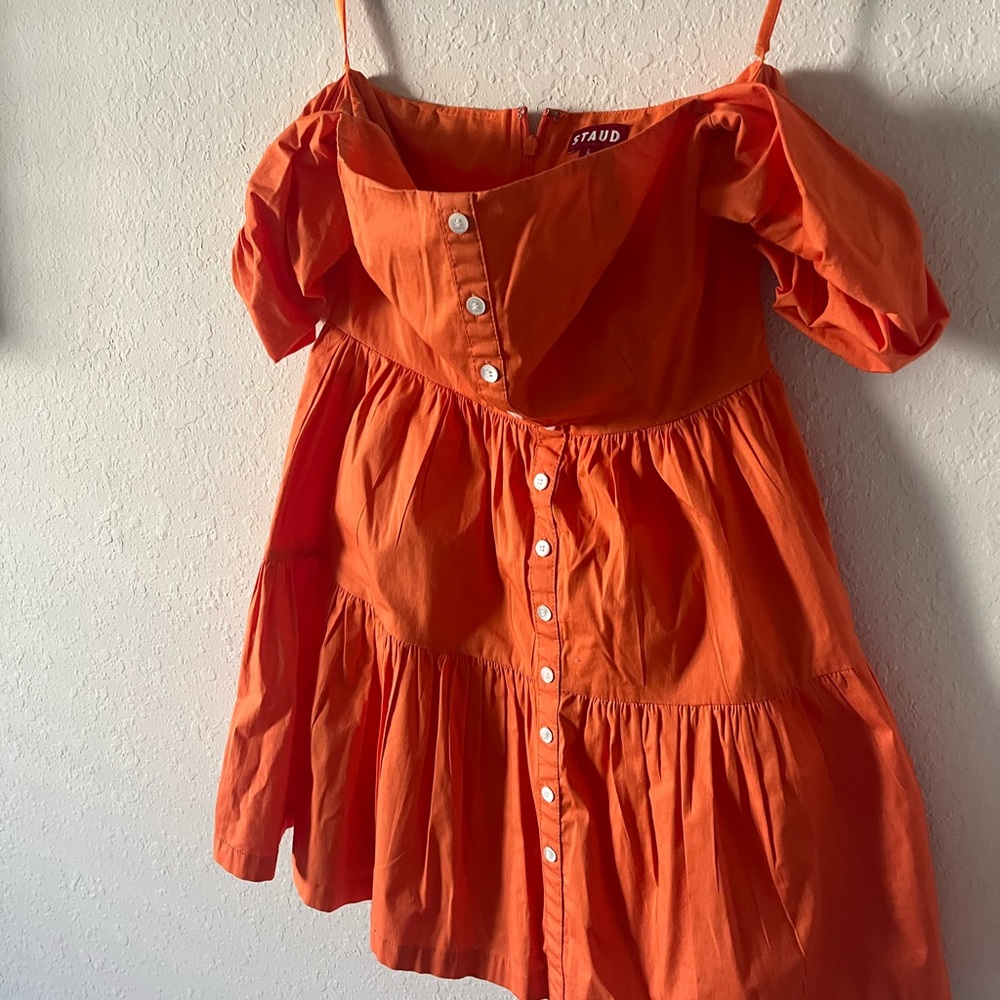 Staud Elio off-shoulder mini dress in an orange. New , size 6, sexy, trendy
